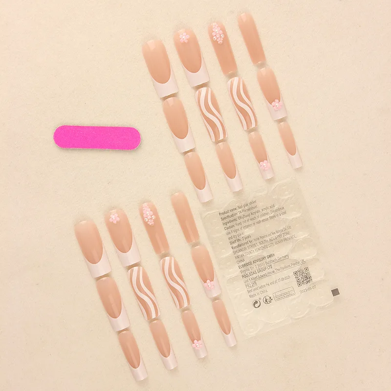 24 Stuks Roze Lange Valse Nagel Tips Voor Vrouwen Bloem Zoete Nep Nagels Verwijderbare Pers Op Nagel Sticker Met Gelei Gel