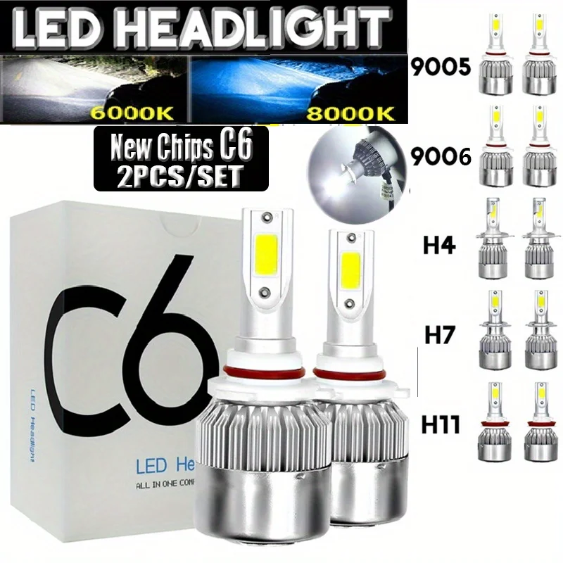 

Upgrade Your Car with 2pcs C6 LED Headlights - H7, H4, 9005, 9006, H8, H9, H11 - 6000K & 8000K Fog Lamp Led 150w