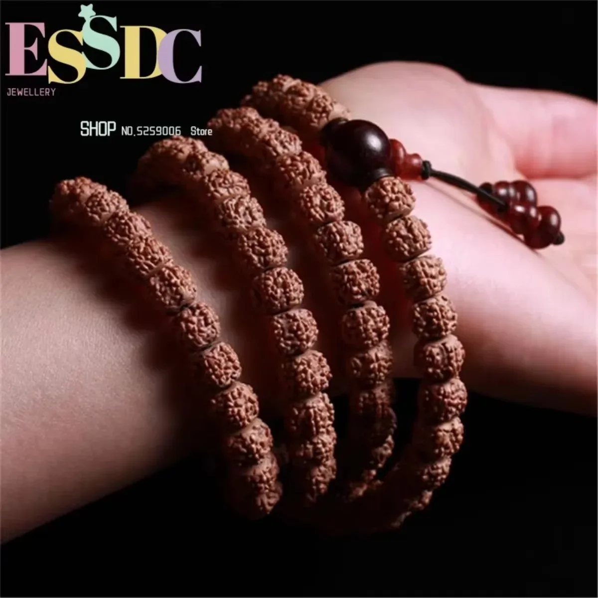 High Quality Natural Five-petal Tibetan 108 Rudraksha Beads Mala Lobular Red Sandalwood Triplet Buddhist Jewelry Yoga Bracelet view 3