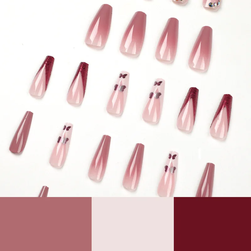 24 stuks lange ballet valse nagel Franse strass vlinder glitter poeder draagbare manicure druk op nagels effen