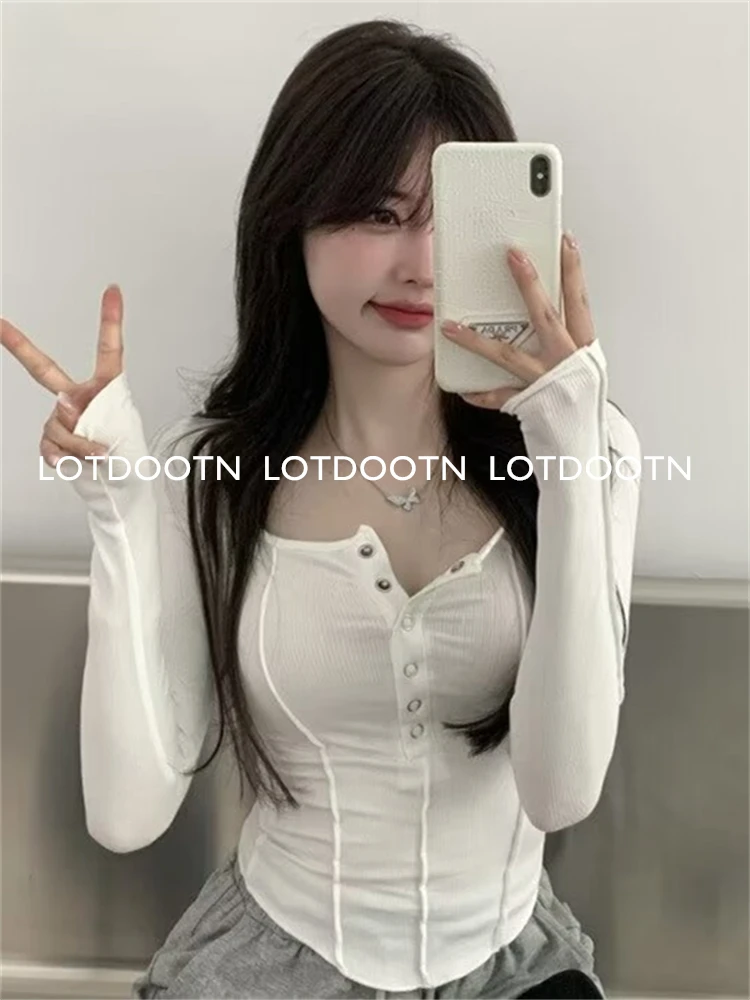 LOTDOOTN Grunge Clothes Button Up Lady Crop Top Sexy Women Button Up Women Summer Spring Slim Fit Long Sleeve Y2K Streetwear New