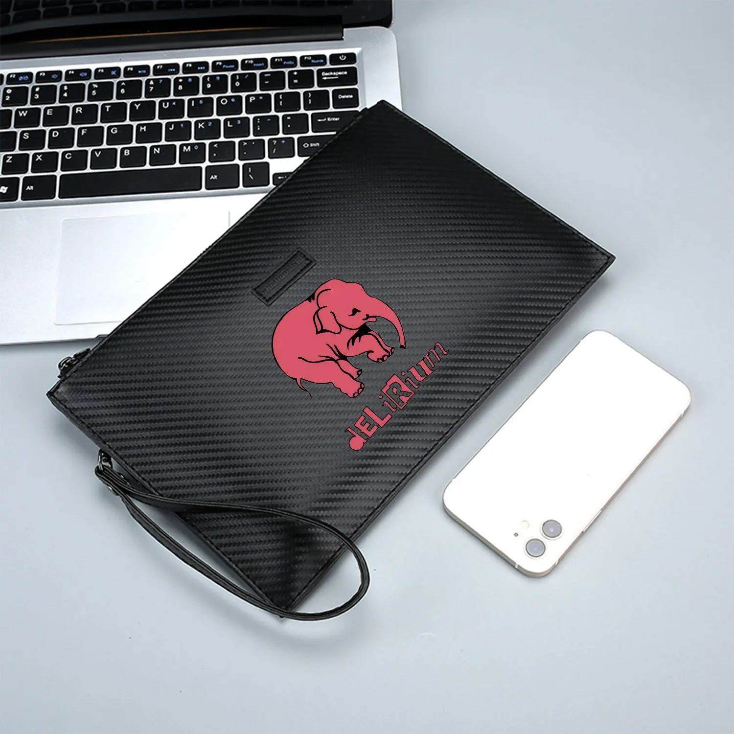 Sfondo nero elefante rosa Delirium Elegante borsa da uomo in PU stampato Alla moda e pratica per il trasporto quotidiano