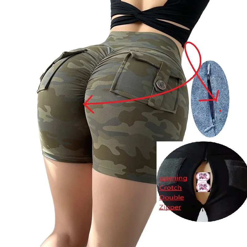 Crotch zipper openings for easy Women Sports High Waist Shorts fun pants Summer Sexy with Pocket Athletic Gym Workout