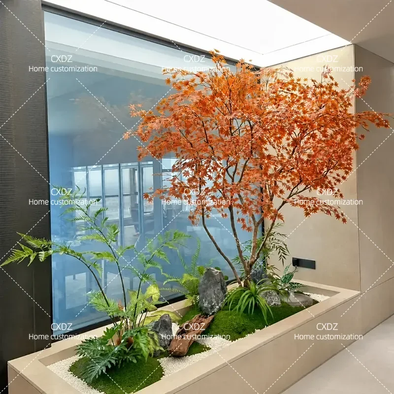 Japanese-style simulated red maple tree under the stairs tea room landscaping decoration fake red maple tree indoor and