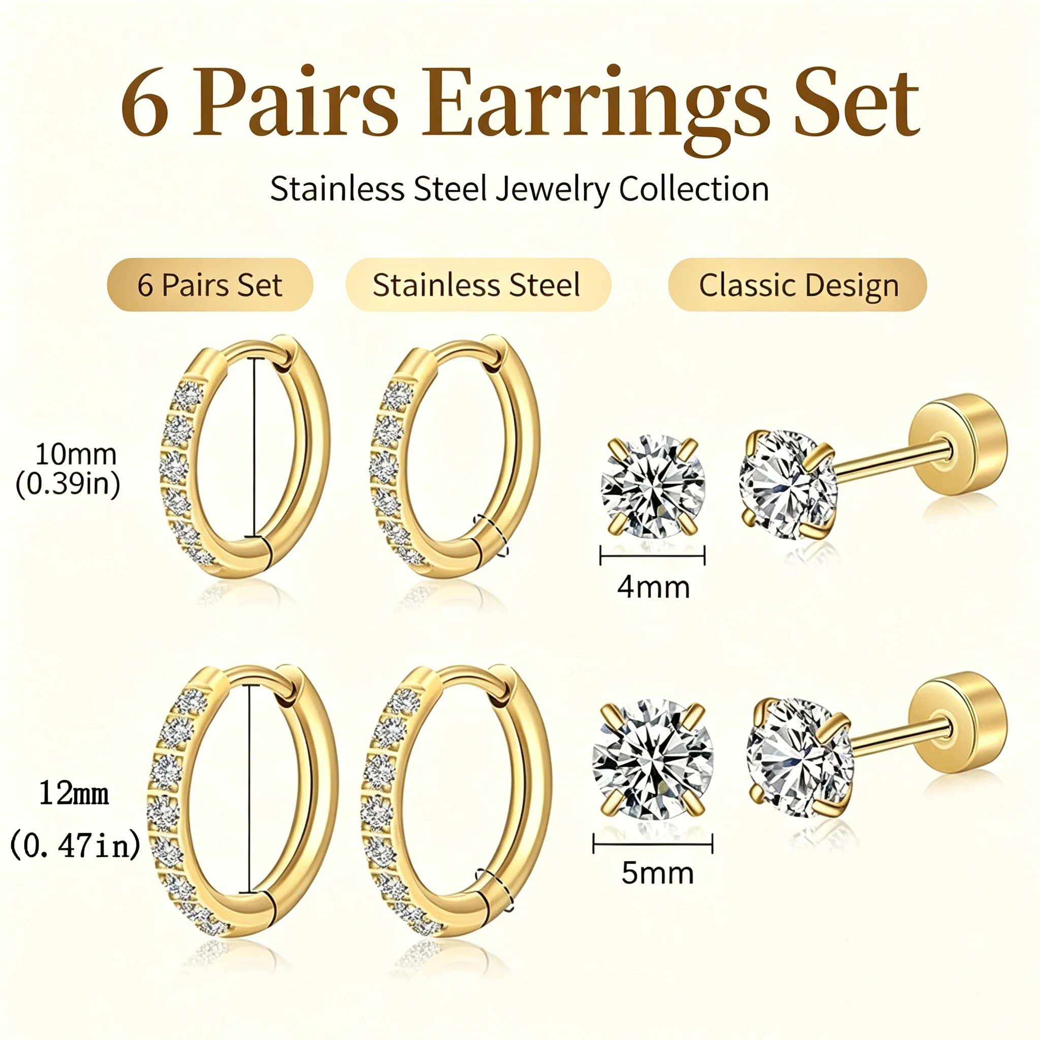 Wholesale 6 Pairs Stainless Steel Earrings Set, CZ Inlaid Huggie Hoops & Round Zircon Studs Multi‑Size Women Jewelry