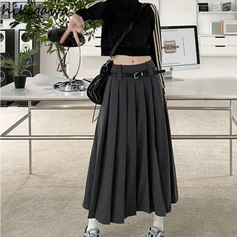 Long Skirts Women High Waist Y2K Midi Skirt A-line Jupe Preppy Casual Korean Fashion Pleated Skirt 2023 Faldas Mujer De Moda