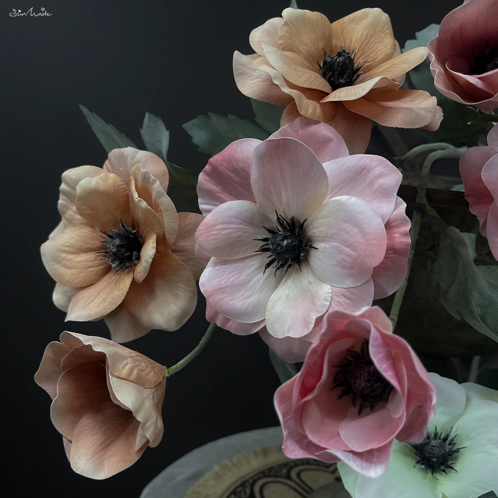 SunMade New Luxury Classical 3 Heads Anemone Branch Fake Flowers Home Wedding Decoration Fall Decor Blue Flores Artificiales