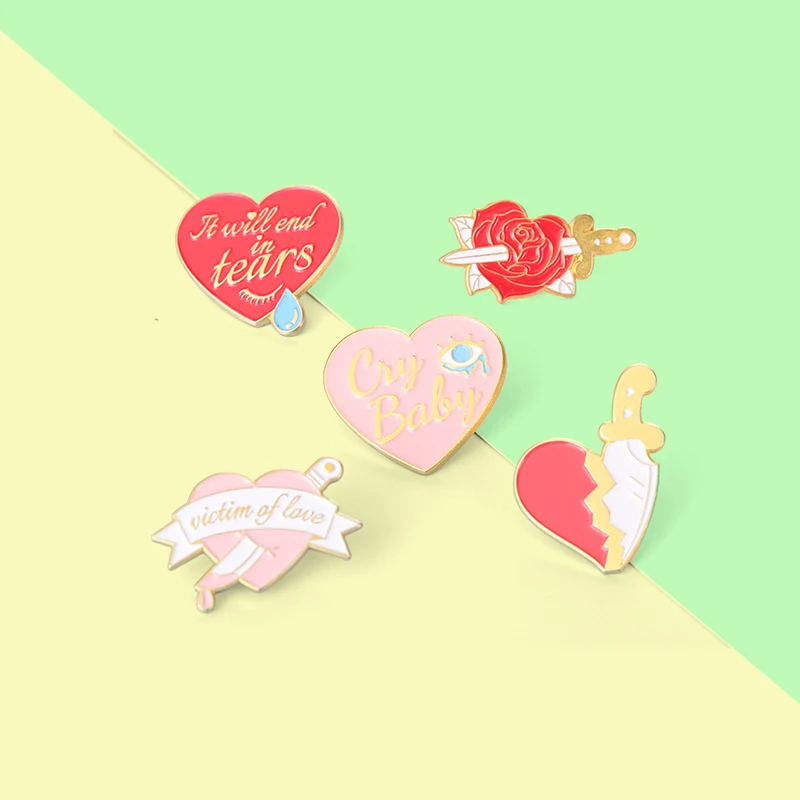 It Will End In Tears Love Enamel Pins Cry Baby Rose Knife Heart Alloy Brooch Badges Trendy Charm Lapel Jewelry Gift for Friends