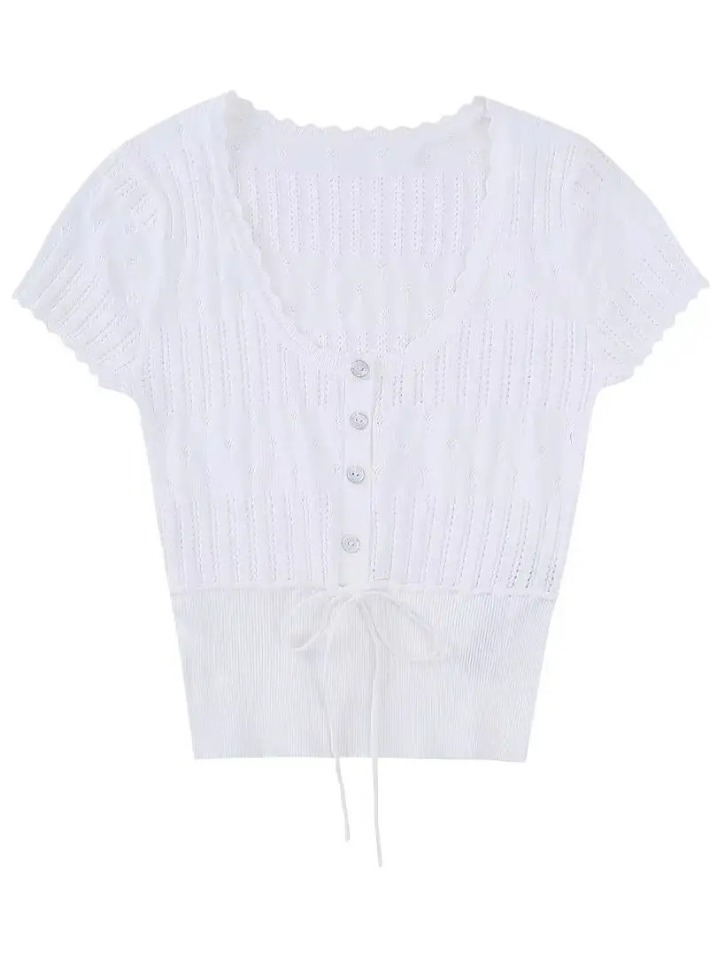 

XEASY 2023 NEW Summer Women Solid Color Knitting Lace-up Pockets Decoration Casual Vintage Sweet Pullovers