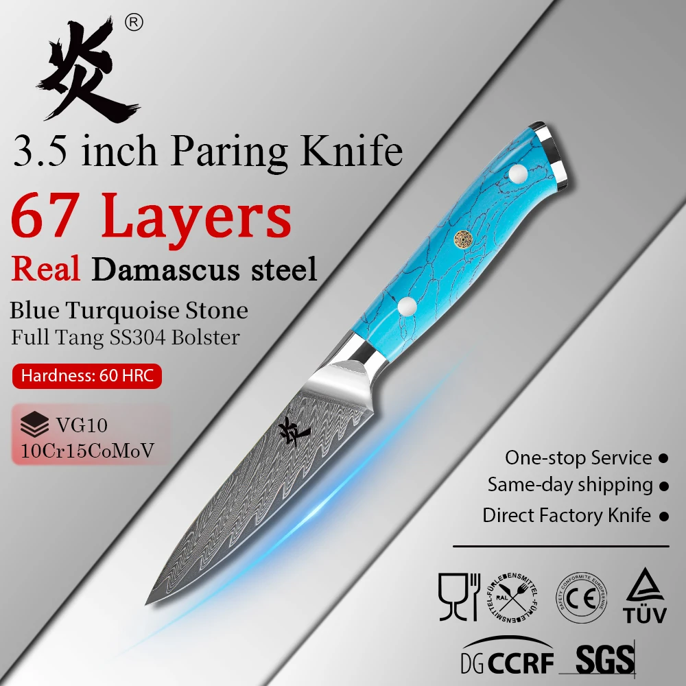 YAN Professional Japanese Damascus Steel Chef Kitchen Knife AUS-10 Core 3.5 Inch Paring Knife Blue Turquoise Resin Handle