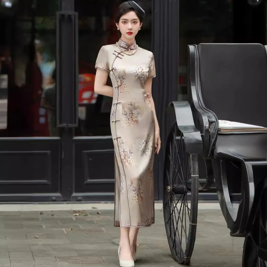 

Высококачественное платье Cheongsam Qipao из натурального шелка, лето 2024, новое улучшенное женское платье в китайском стиле в стиле ретро, длинное