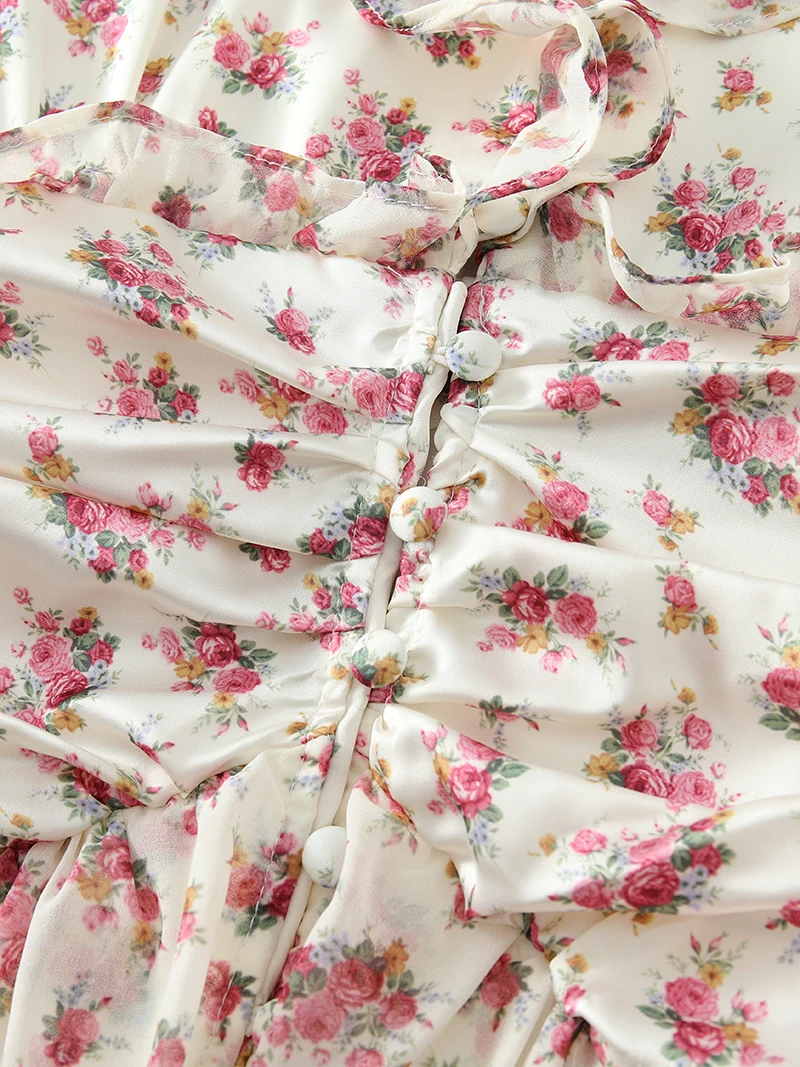 2025 Spring And Autumn Women's Floral Print Dress Ruffled Waist V-Neck Long Sleeve Dresses French Holiday Party Mini Dress