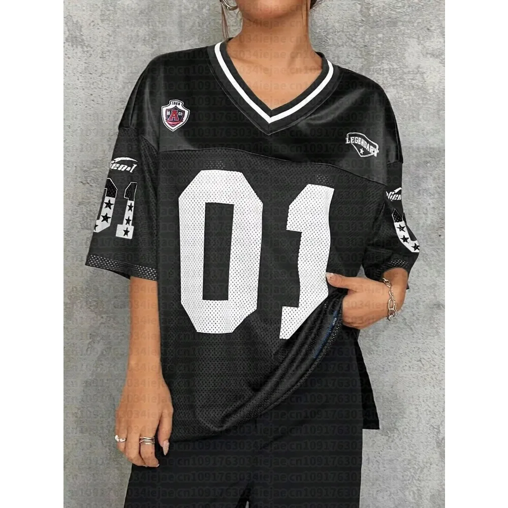 American Sports Fashion V-Neck T-Shirt Street Y2K Hip-Hop Jersey Women Loose Breathable Quick Drying Casual Sports Top