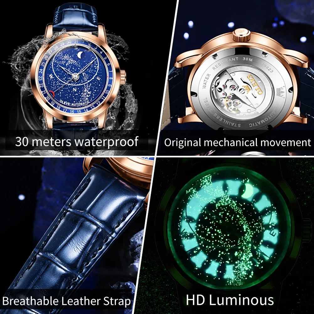 OLEVS Men\'s Watches Moon Phase Automatic Mechanical Watch for Man Blue Leather Luxury Dress Waterproof Luminous Wristwatch