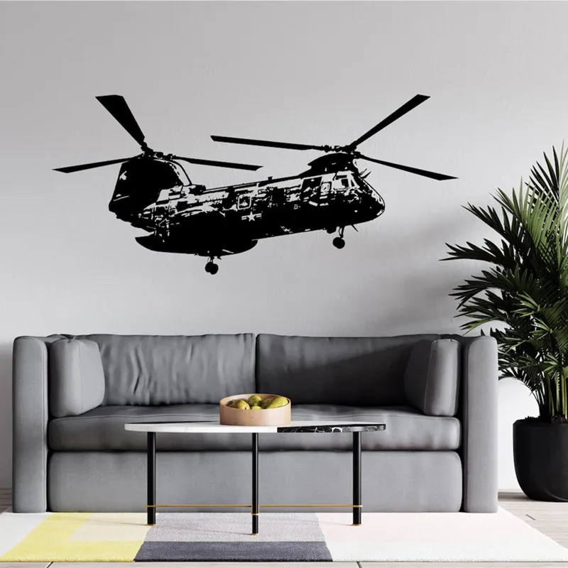 Twin-Rotor Helicopter Silhouette Vinyl Wall Decal For Teen Rooms Bedrooms Or Military-Themed Decor Removable Waterproof Mural