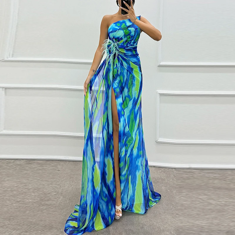 Elegant Floral Print Hight Waist Long Party Dress Fashion Split Women Evening Dress Sexy Diagonal Collar Pleated Chiffon Dresses