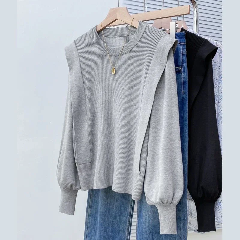 

Loose and Versatile Lantern Sleeve Patchwork Knit Sweater for Women in Autumn and Winter, Stylish Outerwear Chic Tops