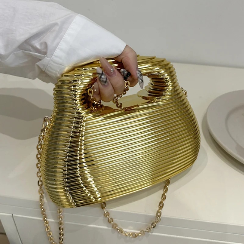 Golden Acrylic Women Bag 2025 New Fashion Ripple Handbag Chain Cross Shoulder Banquet Bag