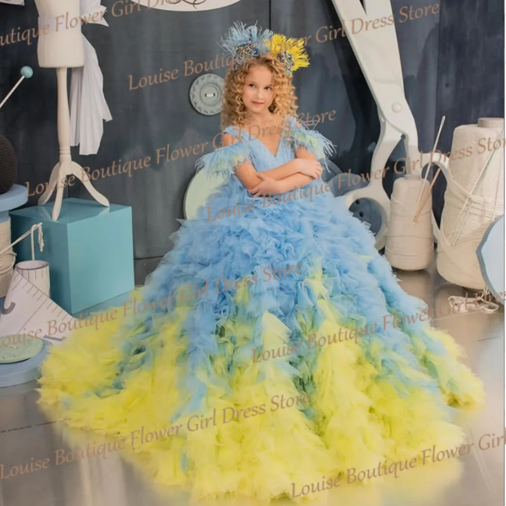 

Luxury Blue And Yellow Flower Girl Dress Off Shoulder A-Line Floor Length Ball Gowns Girls First Communion Birthday Party Gowns