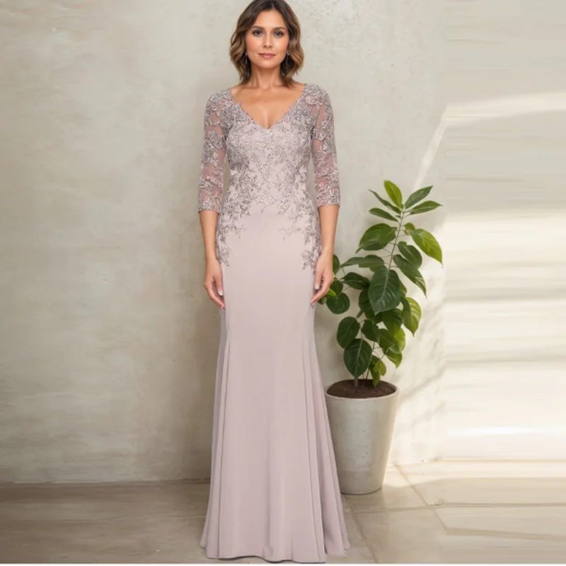 Customized Elegant Chiffon Mother of the Bride Dresse Sheath Prom Dress Scoop Neck Zipper Floor-Length Gown Vestido De Noiva