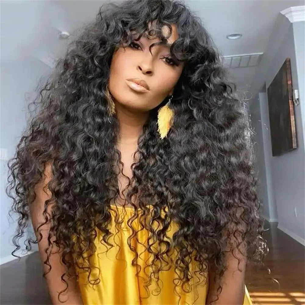 180Density Soft Glueless 26“ Natrual Black Long Kinky Curly Machine Wig with Bangs For Women BabyHair Preplucked Heat Resistant