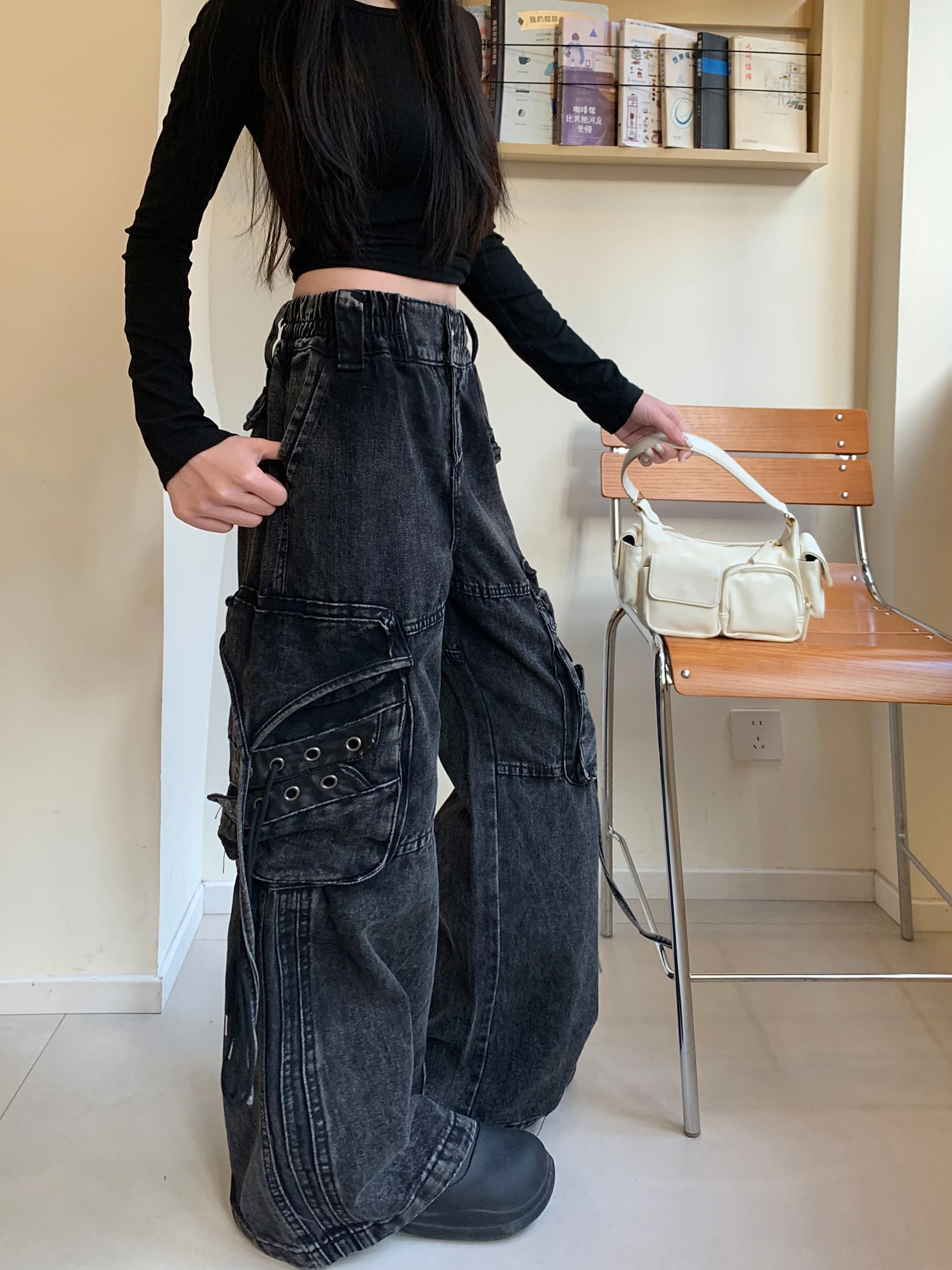 Women's Black Jeans Cargo Baggy Gothic Y2K Japanese Harajuku Streetwear Oversize 2000s Aesthetic Vintage Jeans Pants Clothing