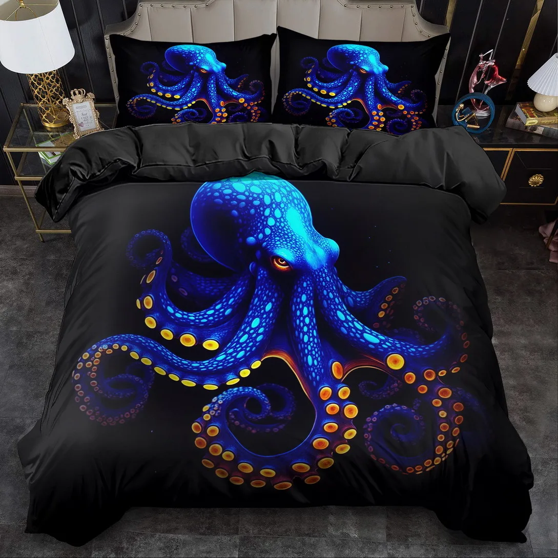 

Whimsical Blue Octopus Print King Queen Style Bedding Set Machine Washable Duvet Decoration for Bedroom