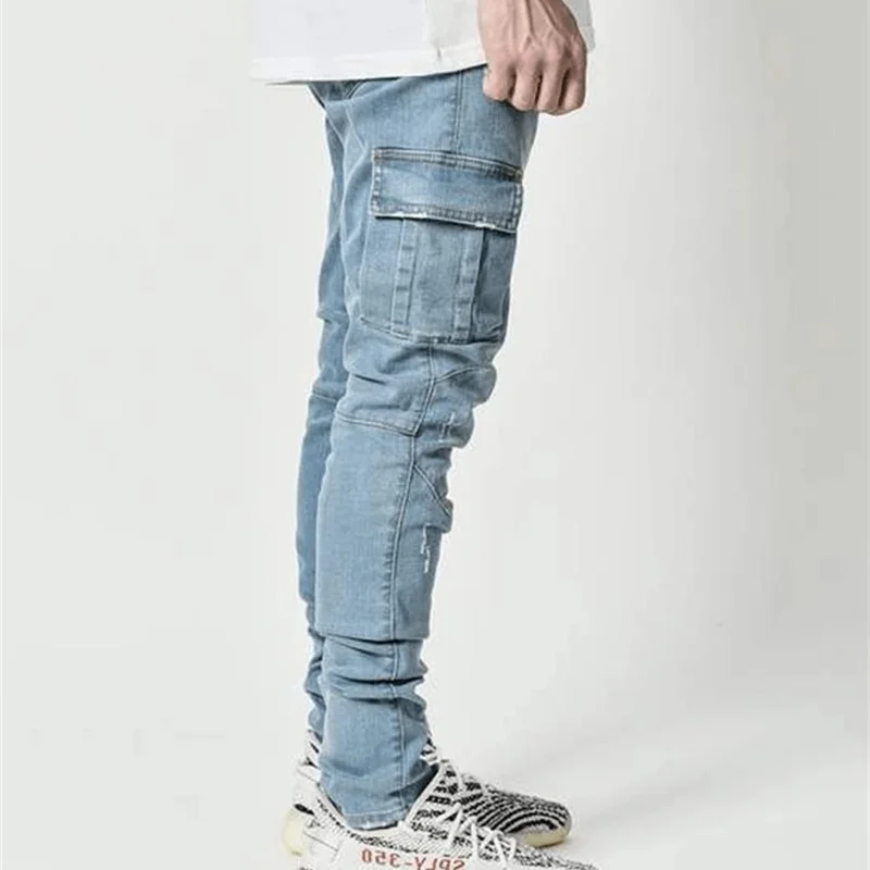 Cool Mid Waist Four-season Jeans Men Fashion Scratch Pencil Pants Casual Streetwear Menswear Splicing Pocket Slim Fit Trousers