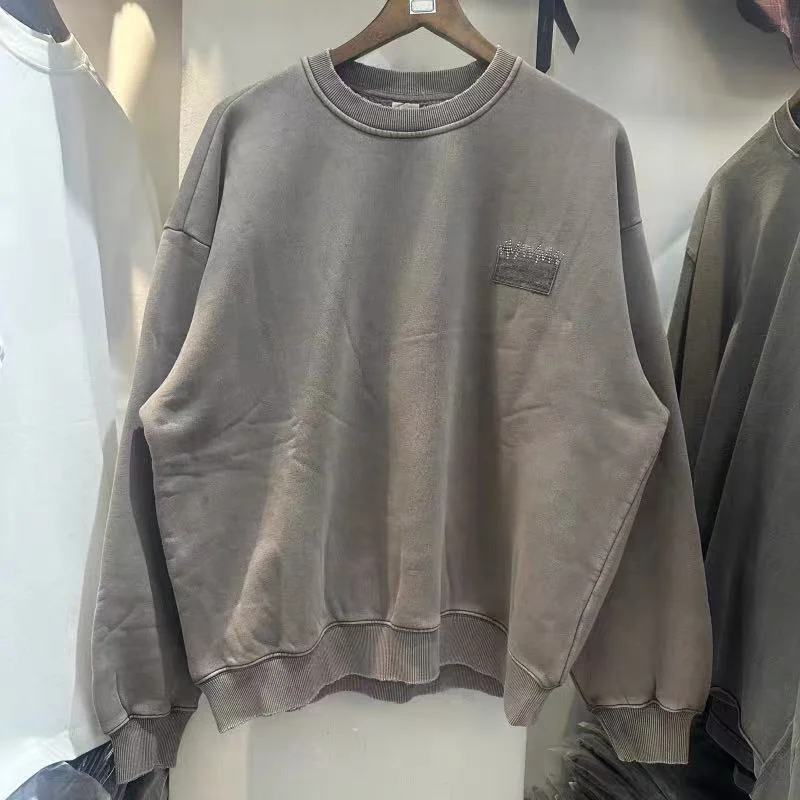 

Осень/зима, тяжелый однотонный свитшот с круглым вырезом и вышивкой для мужчин и женщин, винтажный коричневый, синий, потертый пуловер большого размера