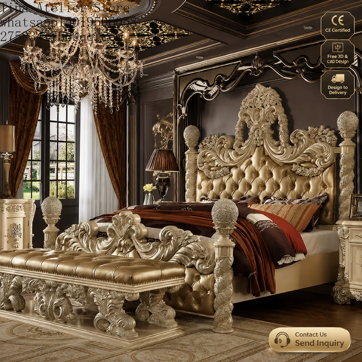 Villa Project European Style Solid Wooden Hand Carving Leather Royal Bed King Size Headboard Set Lux=ury Bedroom Furniture