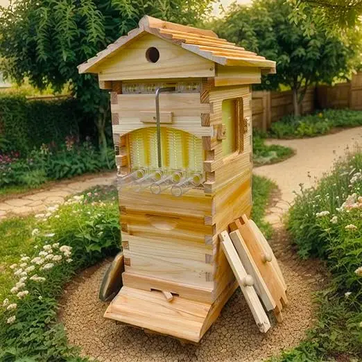 4 Pcs Auto Beehives Boxes Starter Kit with Beehive Frames and 6 Brood Frames for Self-Flowing Honey Design Bee Hive Box