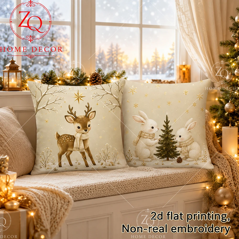 Christmas Deer Rabbit Throw Pillow Covers Soft   Winter Holiday Cushion Cases For Sofa Bedroom