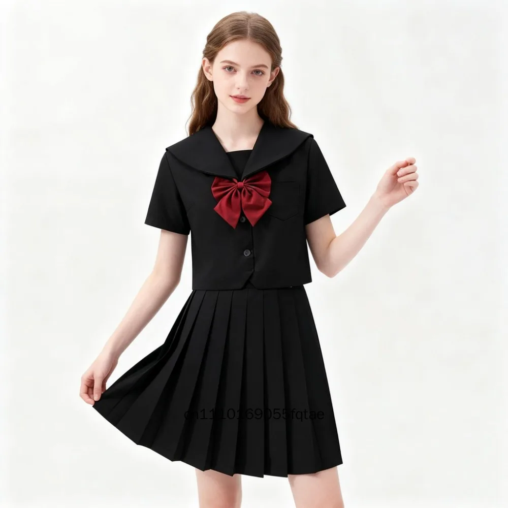 Japanese JK Sailor Uniform Schoolgirl Outfit Long Sleeve 3 Piece Set Red Bow Tie Pleated Skirt Classic Basic Style Anime Cosplay