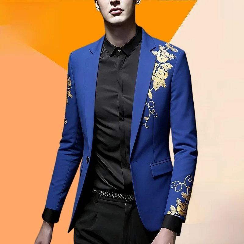 

Элегантный мужской приталенный пиджак для свадьбы с золотым принтом в европейском стиле, однобортный, повседневный, для мужчин