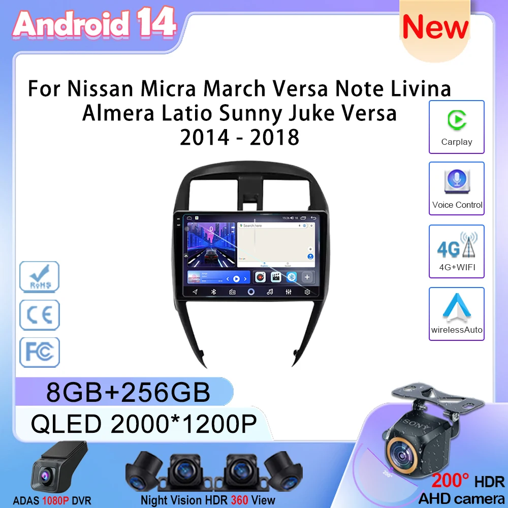 

Android 14 For Nissan Micra March Versa Note Livina Almera Latio Sunny Juke Versa 2014 - 2018 Car Radio Player Wireless Stereo