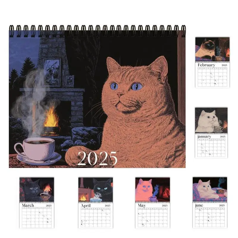تقويم القهوة والقط 2025 تقويم لطيف للحيوانات الأليفة المضحك للقطط مخطط يومي أسبوعي شهري 2025 تقاويم حائط سهلة التخطيط للمكتب