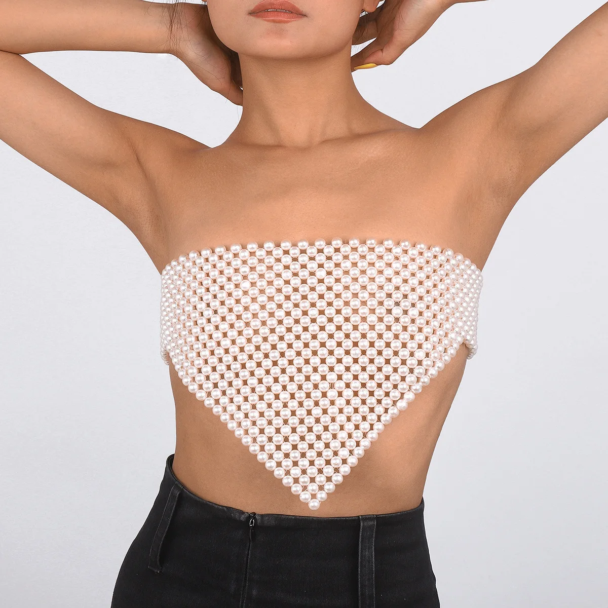 Handmade Beaded Tube Top for Nightclub Parties Photography Sexy Trendy Pearl Body Chain Accessory Ideal for Trendy Girls