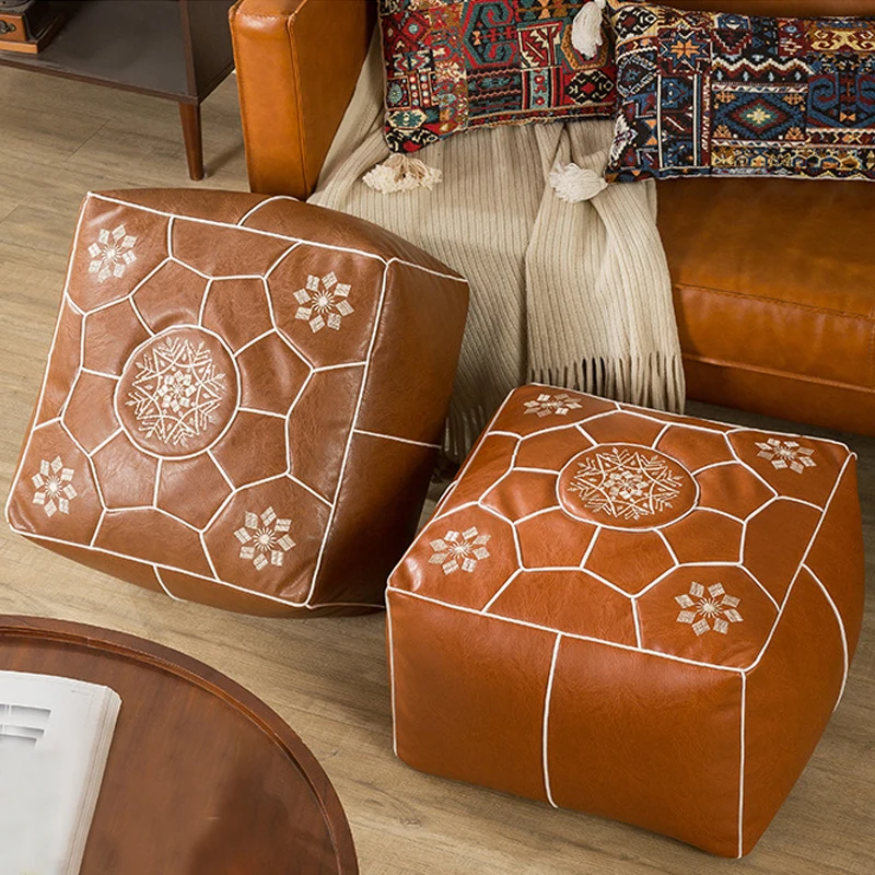 Unstuffed Moroccan PU Leather Cushion Cover Ottoman Footstool Cover Nordic Home Decor Futon Tatami Floor Meditation Pouf