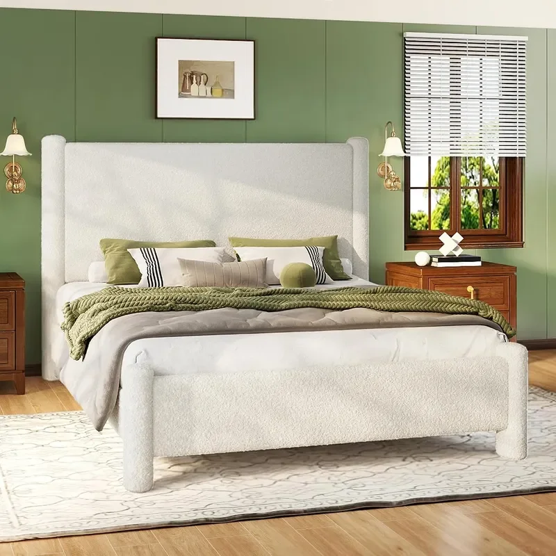 Boucle Cloud Upholstered Bed Frame with Cylinder Headboard Modern Platform Structure Sherpa Boucle Soft Design No Box Spring