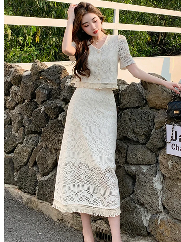 New Korean Fashion Lace Two Piece Set for Women Summer Tassel V-neck Short Sleeve Shirt Blouse + High Waist Long Skirts Sets Y2k