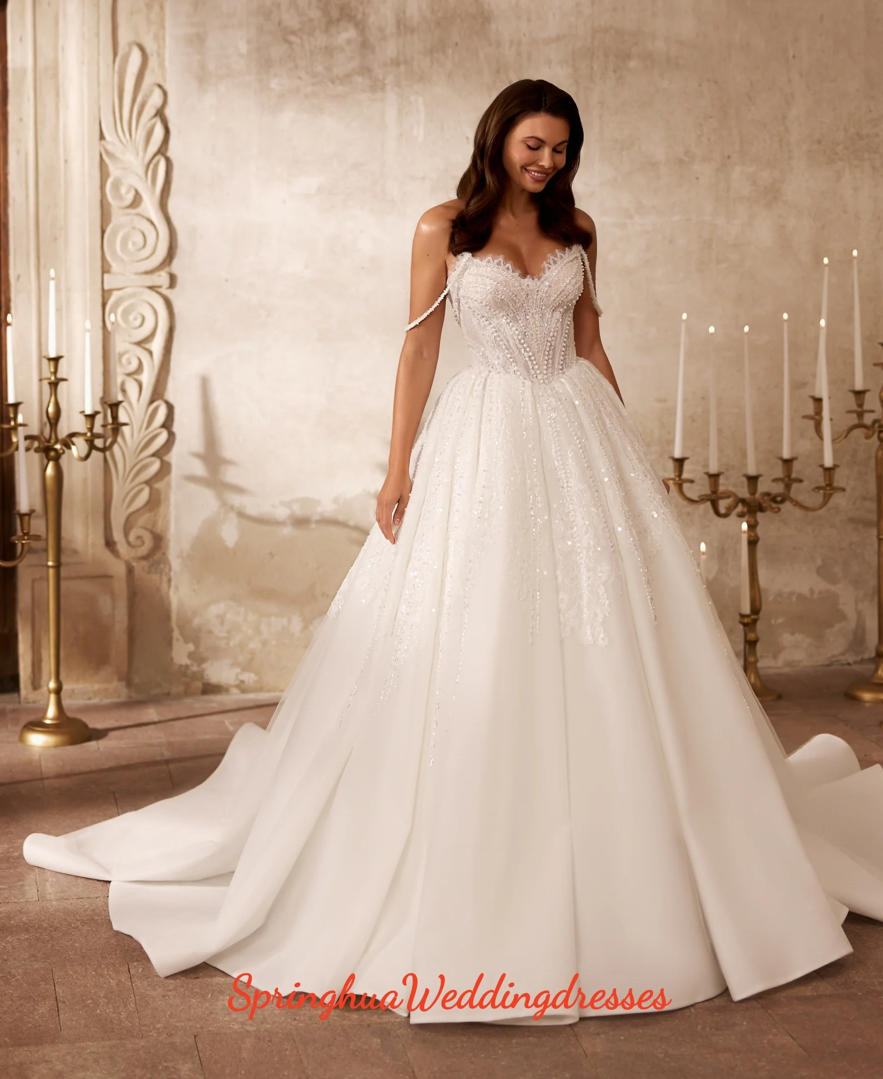 Customized Luxury A Line Women's Off Shoulder Lace Pearl Backless Wedding Dresses Robe De Mariée Bride Gowns Vestidos De Novia
