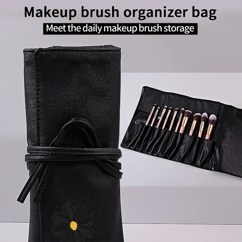 12 Hole Makeup Brushes Bag PU Leather Beige Black Portable Makeup Brush Storage Case Fold Tools Rolling Bags With Strap