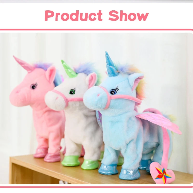 Unicornio caballo de peluche eléctrico para niños, Robot de peluche con música, juguetes para niñas, caminar, hablar, regalos para niños, 35cm