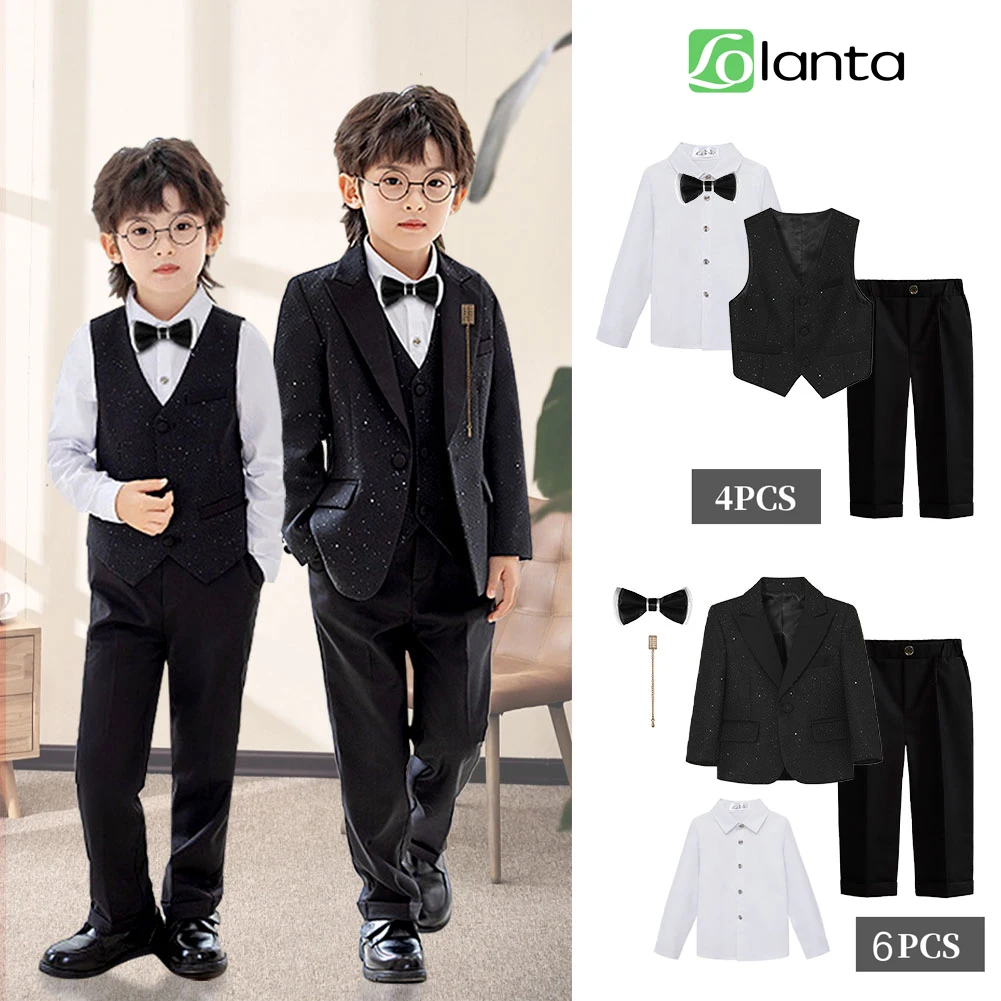LOlanta Boys Sequins Formal Suits Kids Tuxedo Blazer Jacket Pants Vest Bowtie Set Children Wedding Party Costume Cloth