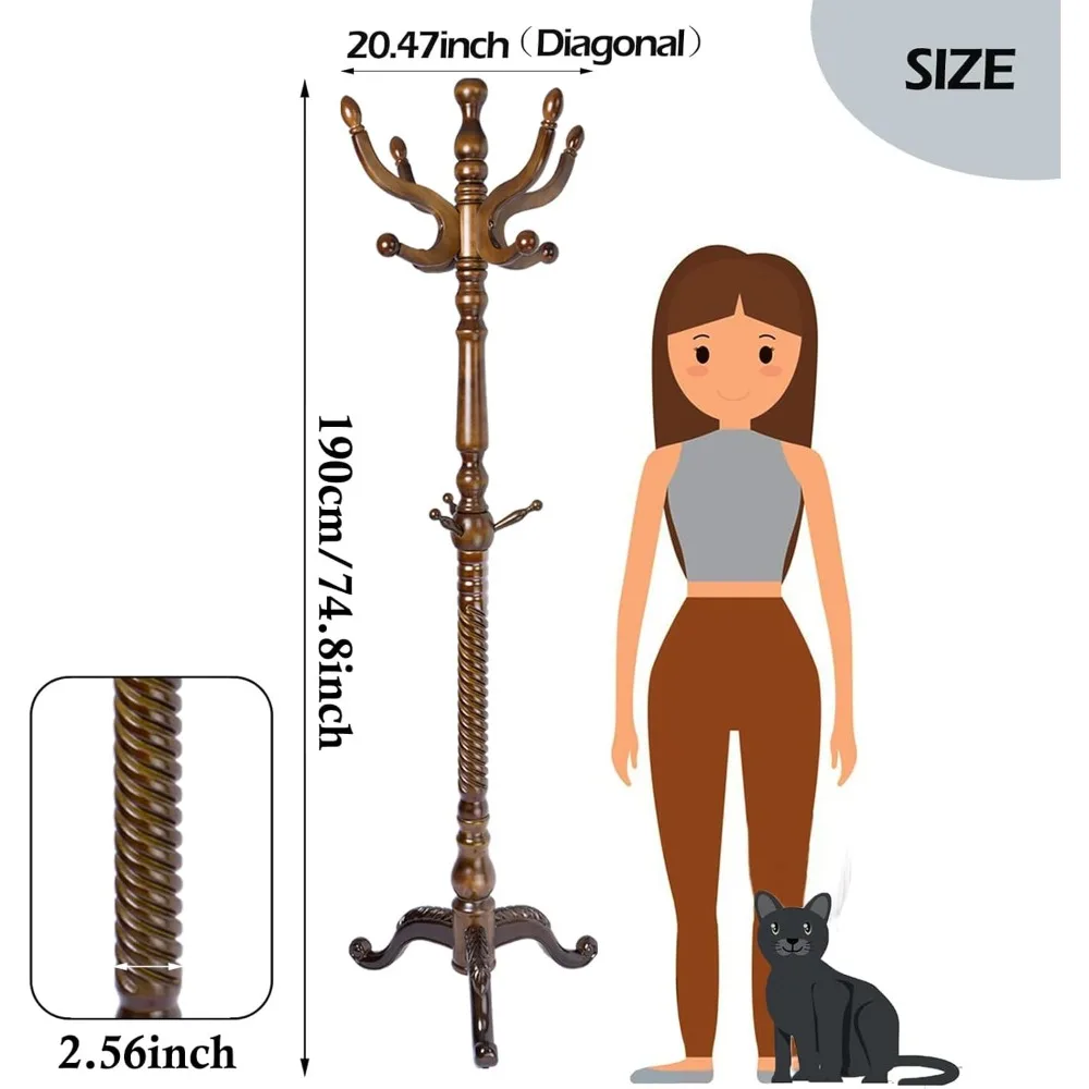 رف معطف قائم بذاته مع 11 خطافًا، حامل مدخل من الخشب الطبيعي، رف معطف على شكل شجرة بارتفاع قابل للتعديل، طويل القامة 74
