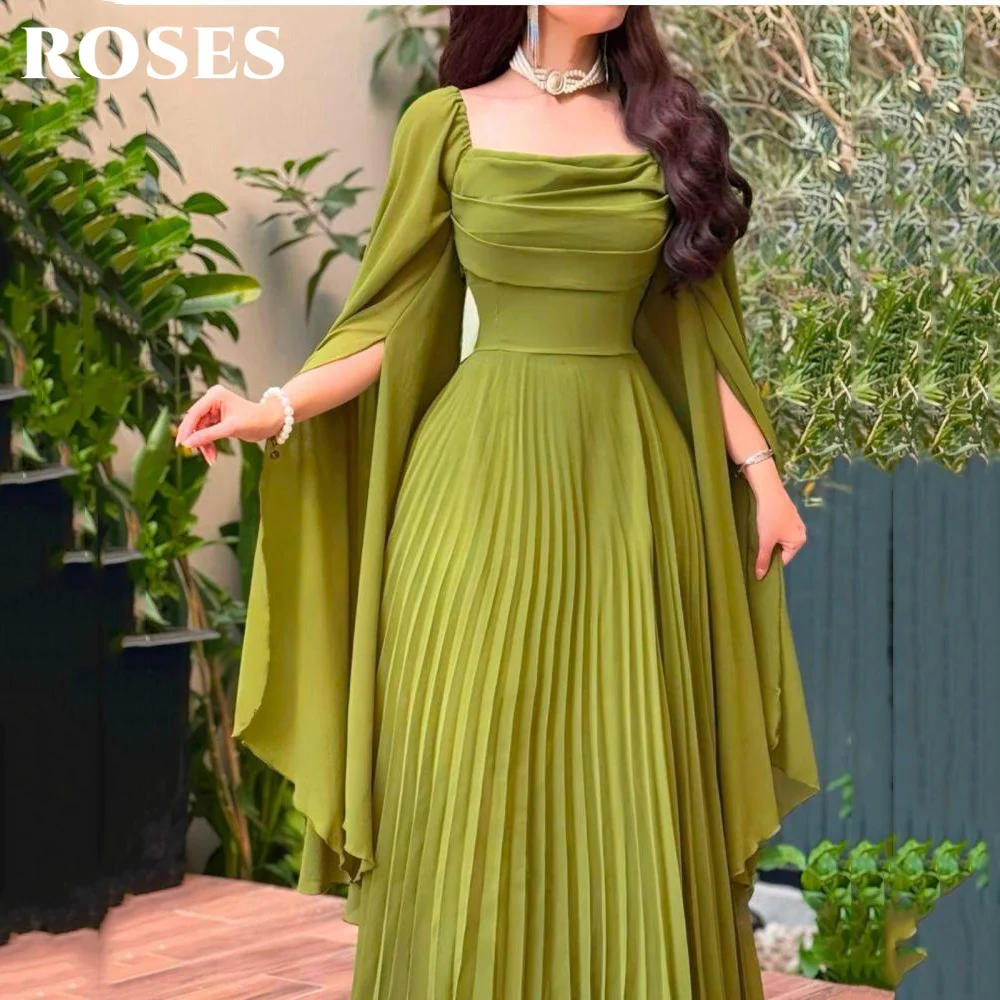 

ROSES Olive Green Prom Dress Square Neck Celebrity Dress Pleated Evening Dress with Flowing Cape Sleeves Party Dress Customized