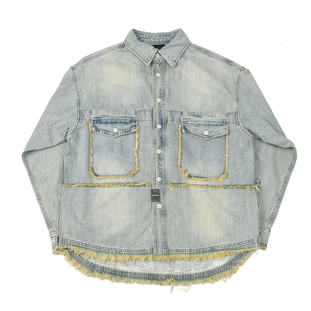 

Heavy Thick Retro Aged Washed Denim Jacket Casual Loose Tassels Crispy High Street Jacket