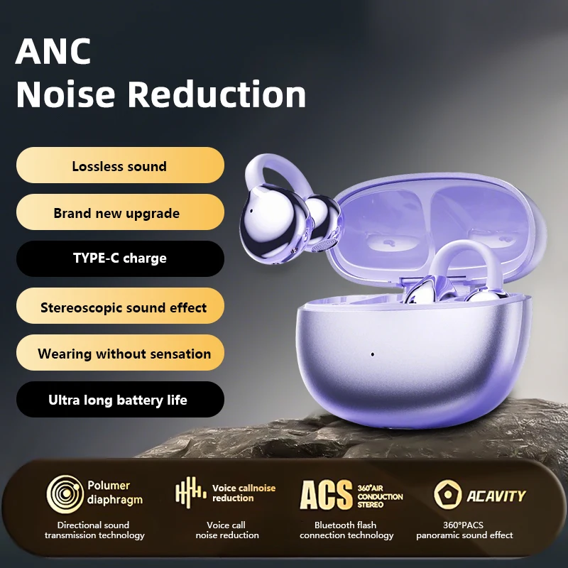 ANC Bluetooth-Funkkopfhörer mit Ladeetui, Clip-on-Kopfhörer, Bluetooth 5.4-Ohrhörer, wasserdichte/Sport-Stereo-Ohrhörer