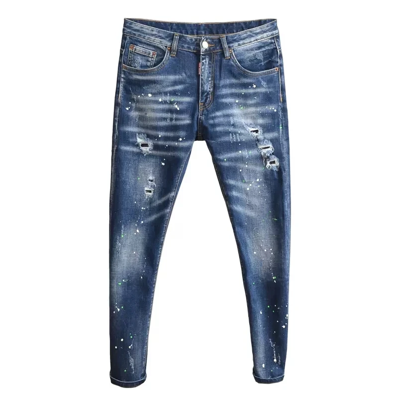 Streetwear Fashion Men Jeans Retro Blue Stretch Slim Fit Hole Ripped Jeans Men Elastic Painted Designer Vintage Pants Hombre