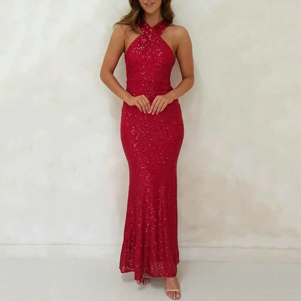 

Mermaid Cut Formal Dress Elegant Sequin Halter Neck Evening Gown for Women Backless Sheath Dress with Off Shoulder for Prom